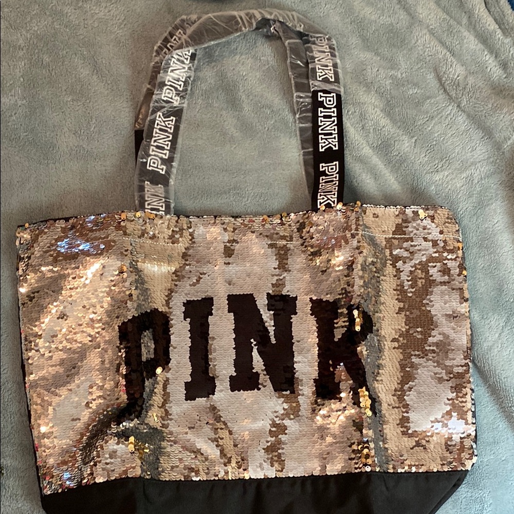 PINK Victoria's Secret Pink and Black Tote Bag with Sequins